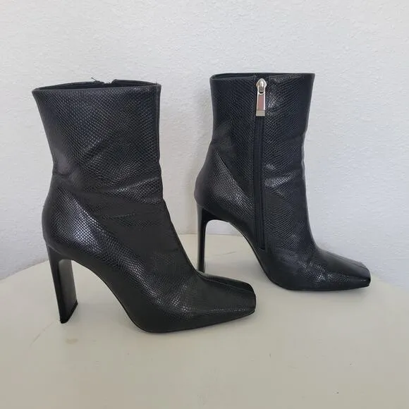 Zara Black Leather Snake Print Embossed Square Toe Heeled Zip Up Boots Size 6.5