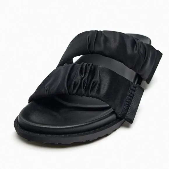 Zara Black Pleated Strap Flat Sandals Shoes Size 10