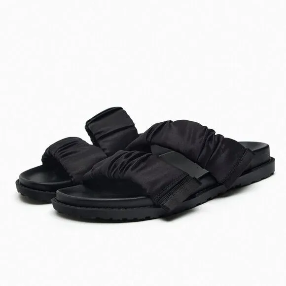 Zara Black Pleated Strap Flat Sandals Shoes Size 10