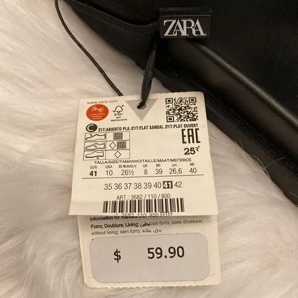 Zara Black Pleated Strap Flat Sandals Shoes Size 10