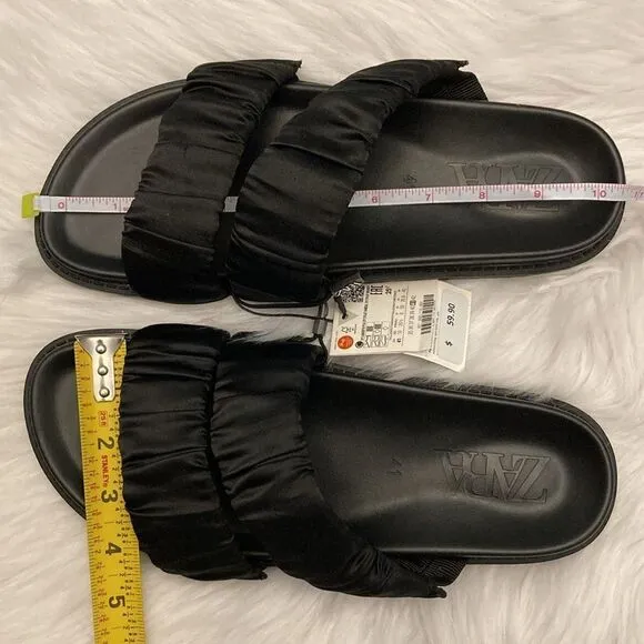 Zara Black Pleated Strap Flat Sandals Shoes Size 10