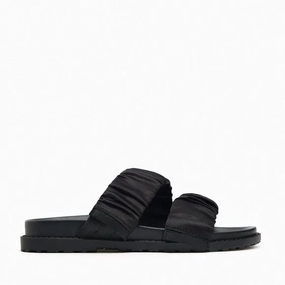 Zara Black Pleated Strap Flat Sandals Shoes Size 10