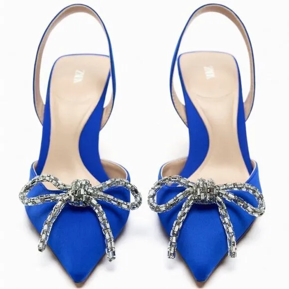 ZARA EMBELLISHED BOW HEELED SLINGBACKS