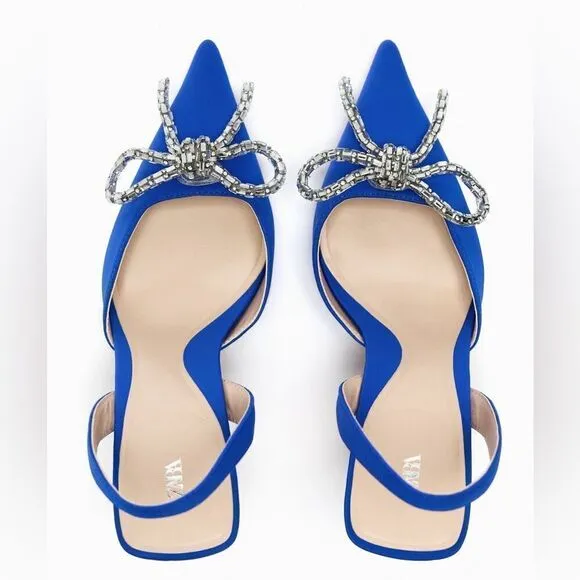 ZARA EMBELLISHED BOW HEELED SLINGBACKS